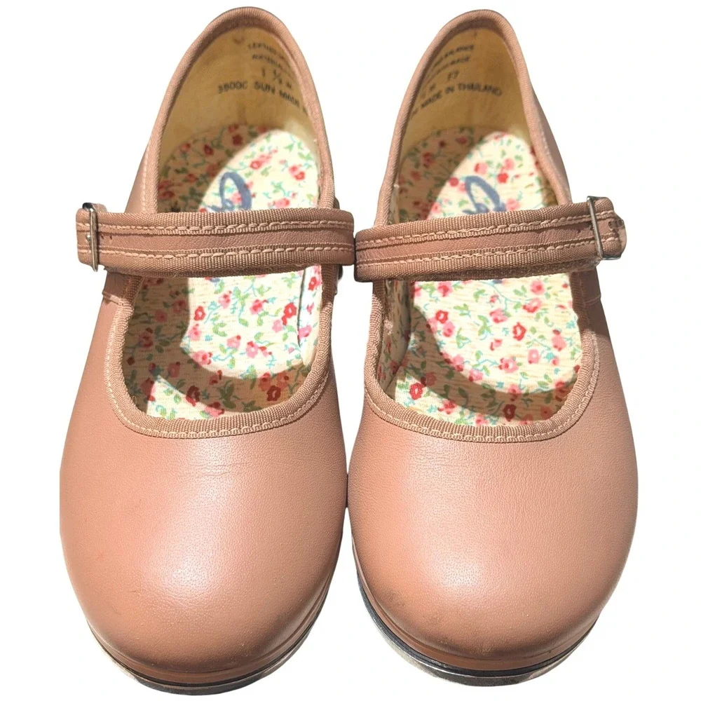 Capezio Tap Shoes Girls 1.5 M Caramel Leather Mary Jane 3800C Tele Tone Floral